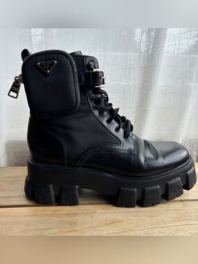 Prada Monolith leather and Re-Nylon combat boots with removable pouch  in 40 / 9